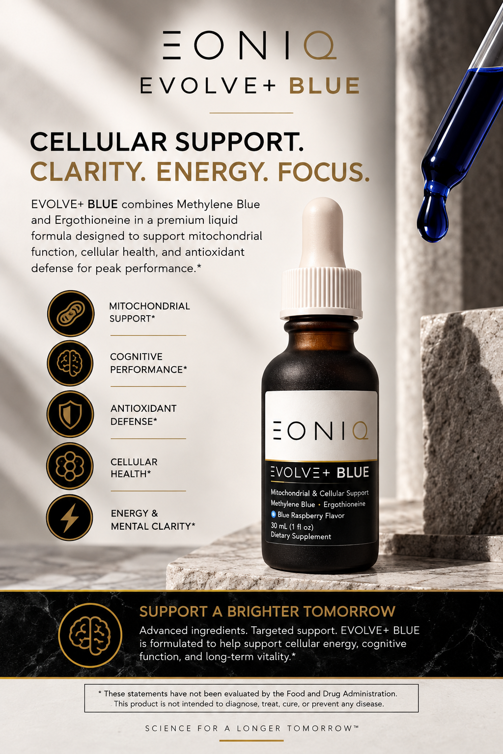 Eonio Evolve+ Blue cellular support liquid supplement bottle shown on a dark promotional graphic with text callouts, dropper, and stone props.