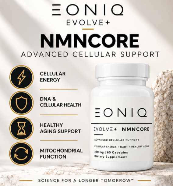 A white bottle of Eoniq Evolve+ NMNCore dietary supplement shown on a light beige background with promotional text and icons highlighting cellular energy, DNA and cellular health, healthy aging support, and mitochondrial function.