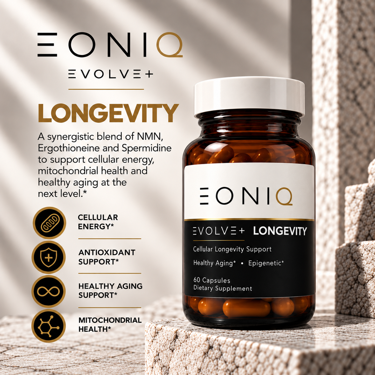 A bottle of Eoniq Evolve+ Longevity dietary supplement placed on stone blocks, with product text and benefit icons on the left side of the frame.