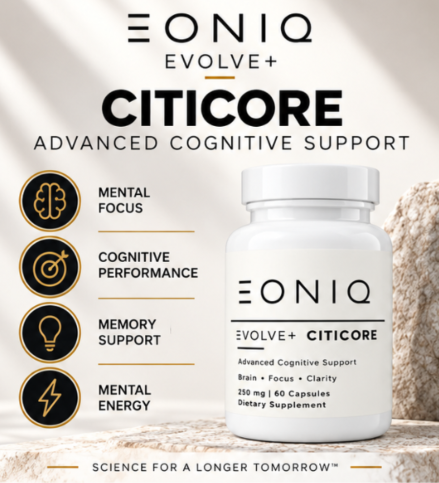 A white bottle of Eoniq Evolve+ Citicore dietary supplement placed on a textured stone surface with a beige background. The image includes marketing text listing benefits: mental focus, cognitive performance, memory support, and mental energy, with gold and black icons.