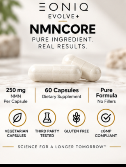 Eoniq Evolve+ NMNCore dietary supplement capsules shown on a light beige background with product details below, including 250 mg NMN per capsule, 60 capsules, and pure formula with no fillers.