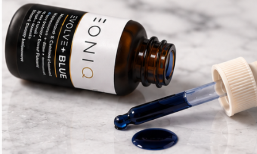 An open amber glass dropper bottle labeled EONI+ BLUE lies on a light marble surface, with a glass dropper holding dark blue liquid and a small pool of the blue serum nearby.